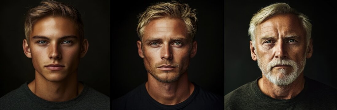 Captivating portraits showcasing the essence of youth, maturity, and wisdom against a dark backdrop