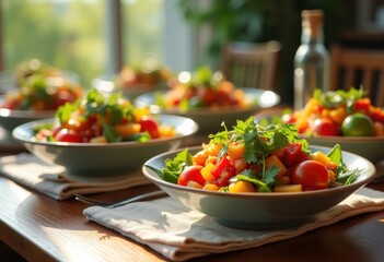 colorful fresh salads elegant bowls vibrant vegetables healthy eating presentation culinary delight, cuisine, dining, arugula, tomato, carrot, cucumber