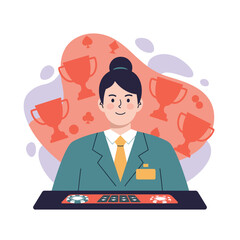 Casino dealer woman in green suit hosting poker game with trophy symbols and poker chips vector illustration 