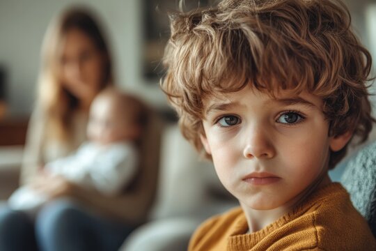 Sad boy in a living room with family background, experiencing emotion and longing in bright, cheerful surroundings