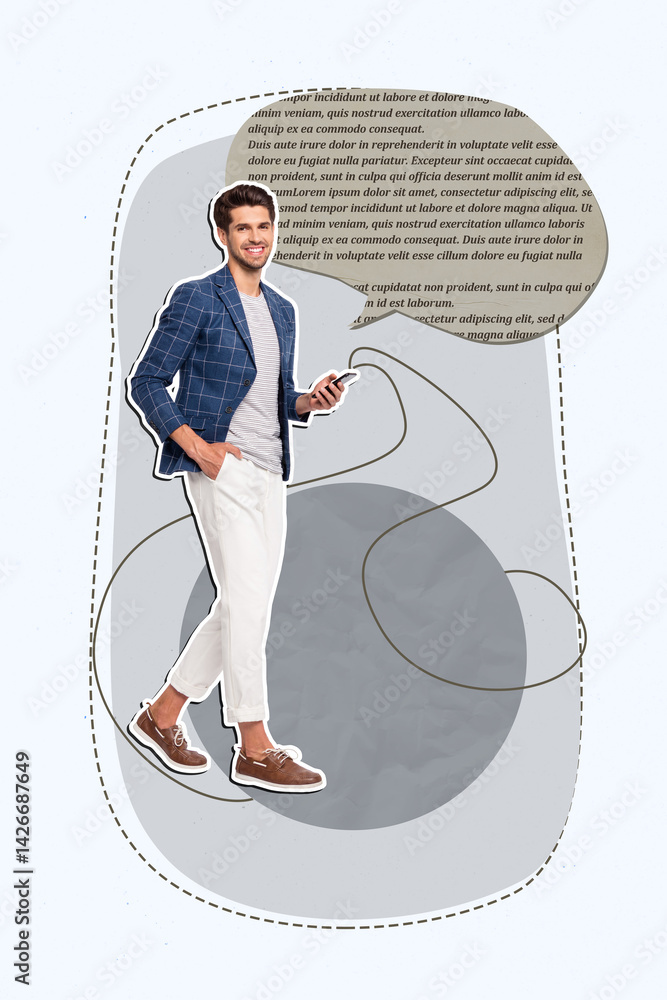 Poster vertical sketch image photo collage of happy girl guy receive notification dialogue chatting icon me