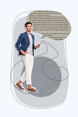 Vertical sketch image photo collage of happy girl guy receive notification dialogue chatting icon...