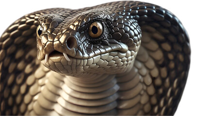 Fototapeta premium King Cobra Snake with Hood Spread – Striking Pose and Detailed Scales Isolated on White