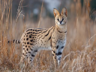 Obraz premium Elegant Serval standing in a grassy field, representing wild beauty and natural grace. Perfect for wildlife documentaries, conservation campaigns, and educational materials.