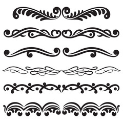 Set of hand drawn decorative curly borders in art nouveau style, Vector Black silhouettes. with white background