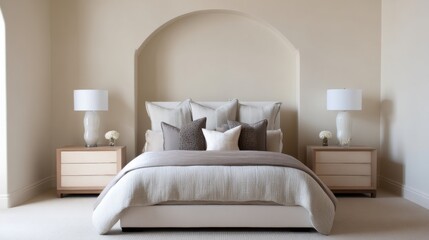 minimalist bedroom full view, arched wall niche, milk cocoa bedding, cream wall, smooth nightstands, soft diffused lighting