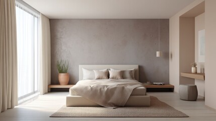 minimalist bedroom full view, wavy headboard, dusty clay accent wall, low bed, soft beige linen, warm ambient light, clean cozy textures