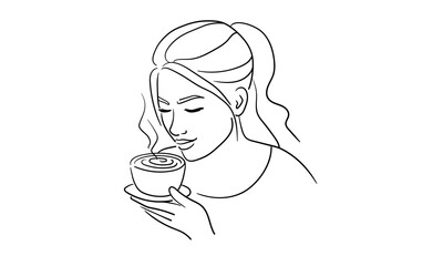 Woman drink coffee line art drawing. Barista made coffee on white background. Vector illustration	
