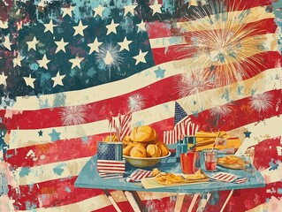 Layered collage showcasing a festive table set for a celebration, featuring traditional foods, drinks, and patriotic decorations. The backdrop features a bold American flag and fireworks.