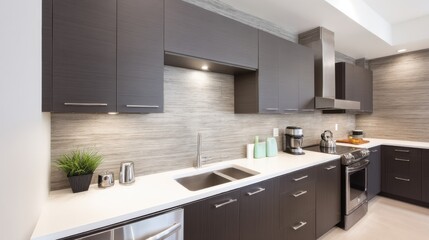 monochrome mocha kitchen full view, matte mocha cabinets, seamless countertops, wall panels in taupe tones, soft under cabinet light, clean calm atmosphere