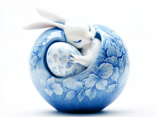 Porcelain Apple with Easter Bunny Inside Holding a Painted Egg – Whimsical Ceramic Still Life

