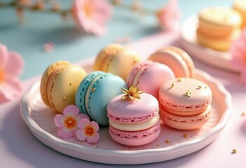 colorful macarons artfully arranged pastel plate dessert treats confectionery fantasy, sweets, food, almond, cookie, decoration, texture, delicate, flavor