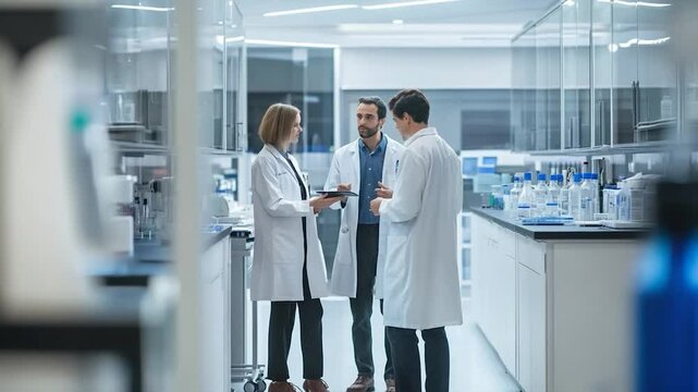 Three scientists discussing research findings in a modern laboratory