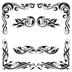 Set of hand drawn decorative curly borders in art nouveau style, Vector Black silhouettes. with white background