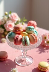 Obraz premium colorful macaroons displayed elegant glass dessert stand exquisite pastry treats sweet indulgence delightful confectionery art, rainbow, lgbtq, lgbt, pride