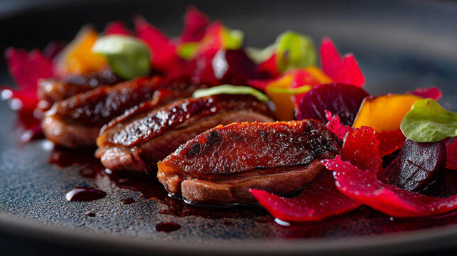 Close up of sliced duck breast with beets and greens on a dark plate in soft focus lighting