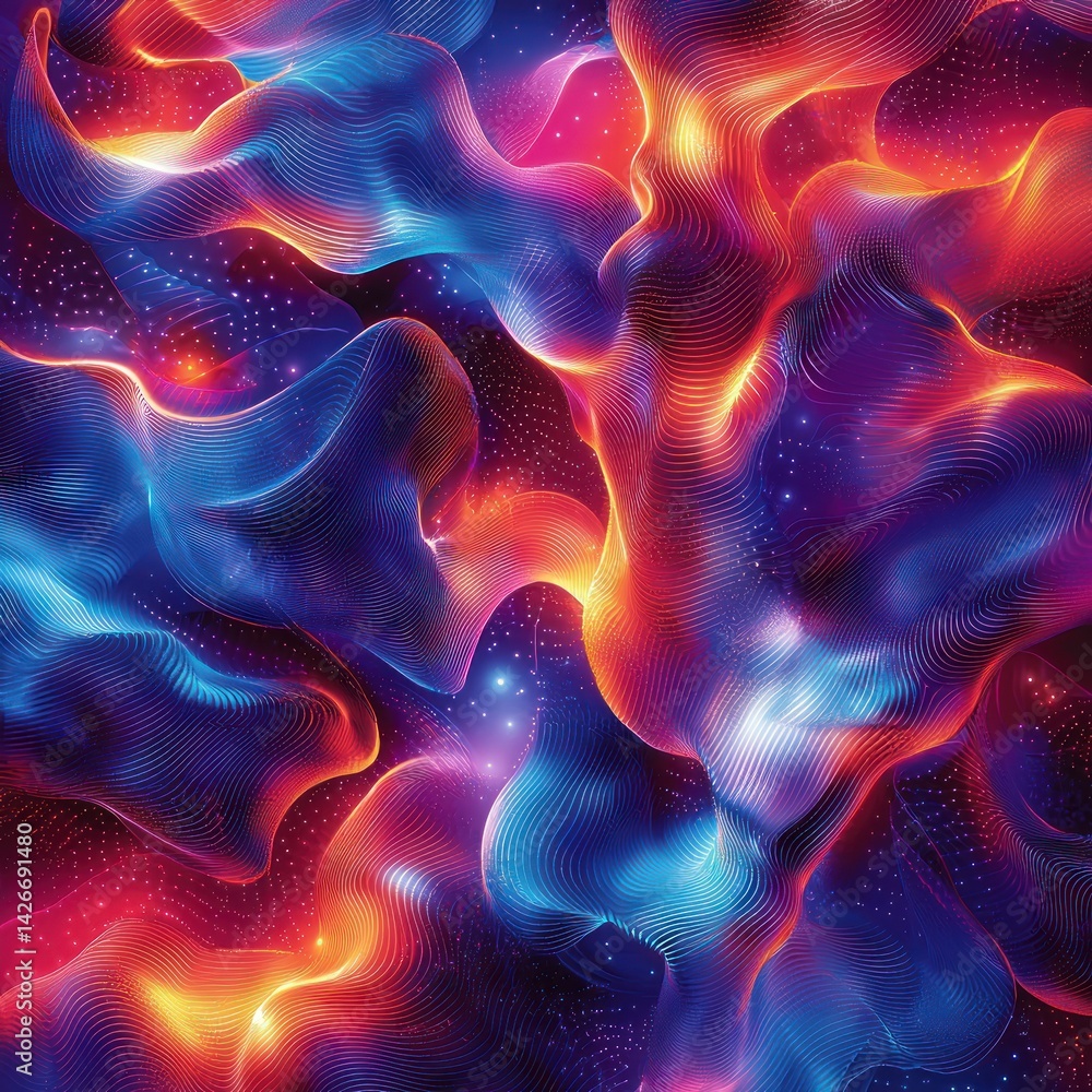 Poster abstract glowing waves with starry background pattern in blue and red