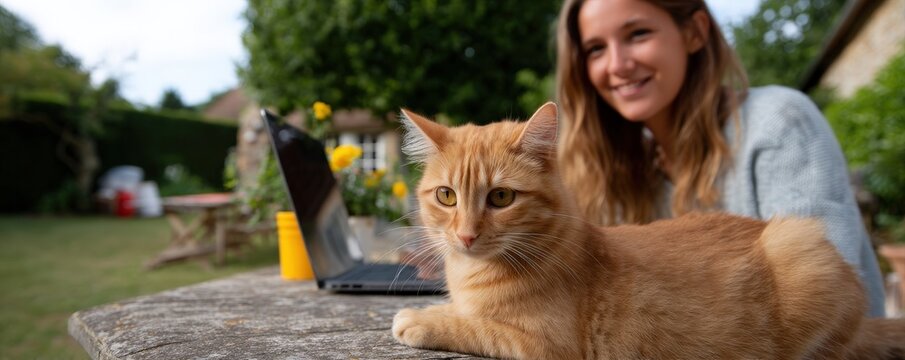 Young woman enjoying outdoor workspace with laptop and orange cat on a sunny day in a garden setting - Powered by Adobe