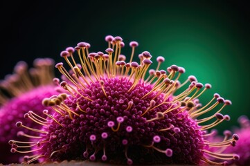 Macro photo of Clostridioides difficile under a microscope, blurred background with golden bokeh, focus on spores&rsquo; textured surfaces, deep shadows, magenta and emerald accents.