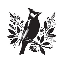 Cedar waxwing minimal Vector - Cedar waxwing Illustration - Silhouette of Cedar waxwing - Black and White Cedar waxwing art.