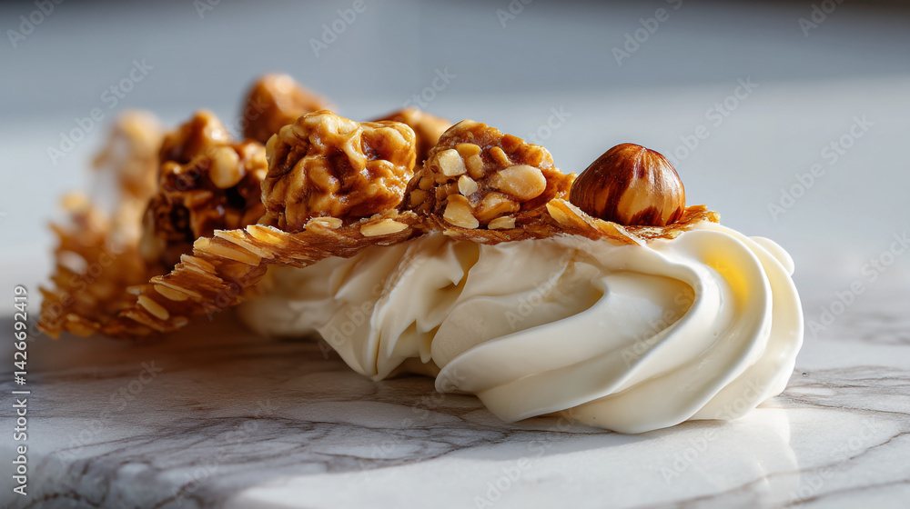 Poster a close up of a dessert with cream and nuts on a marble surface in a bright setting