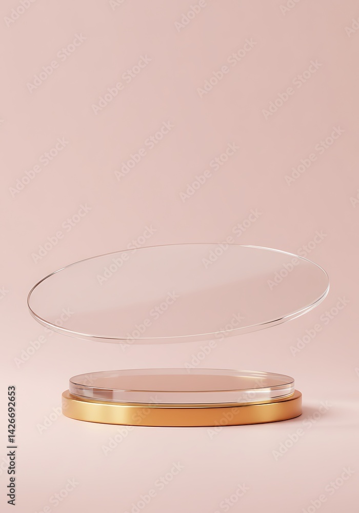Poster display platform with floating clear disc on pink background