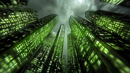 Naklejka premium Futuristic Green Cityscape Under Dramatic Cloudy Sky