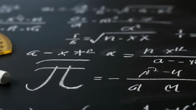 Blackboard with mathematical equations, chalk, and measuring tools