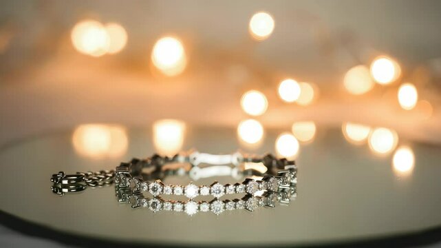 Elegant diamond bracelet on reflective surface with bokeh lights