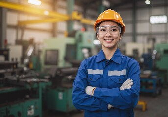 Smiling Indonesian female engineer wearing protective gear, arms crossed in a workshop.