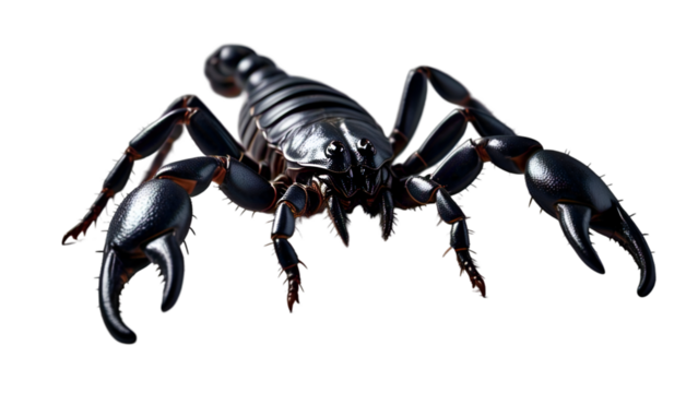 Black Scorpion in Defensive Pose – Realistic Insect Isolated on White with Raised Claws