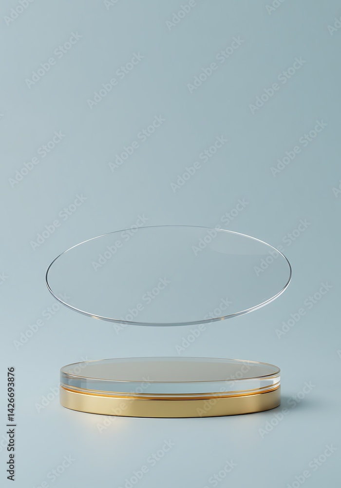Poster display stand with floating acrylic element on light blue background