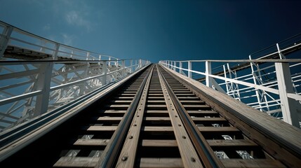 Fototapeta premium First Person Rollercoaster Climb Thrilling Ascent Steep Incline Point Of View Adventure Anticipation Adrenaline Rush Exhilarating Experience Vertical Challenge Gravity Defying Heights lowercase 