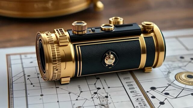 Intricate Gold And Black Mechanical Device Displayed On A Detailed Map With Wooden Background