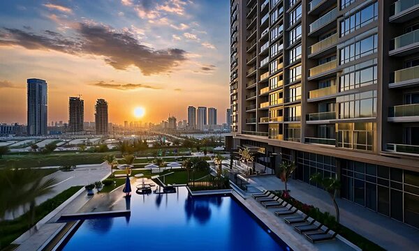 Serene sunset view from a modern high-rise condo complex overlooking an inviting pool and distant city skyline