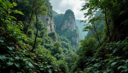 Fototapeta premium tropical rainforest, dense green foliage, peaceful scene, exotic animals, hidden adventure, mysterious stone formations