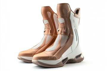 Futuristic Beige Boots: Striking Mesh and Leather Design
