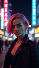 Obraz premium A woman with pink hair and a black jacket stands in front of neon signs on a city street. A photorealistic capture of the model in a city environment