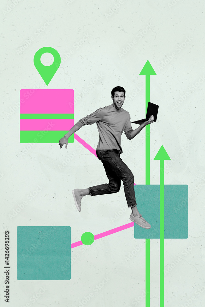 Poster creative template collage young person run up use device with arrows gps place on pastel color backg