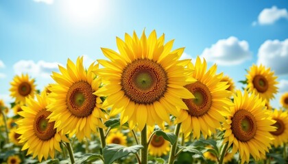 Fototapeta premium sunflowers bouquet in sunlight, vivid blue sky background, radiating joy and happiness
