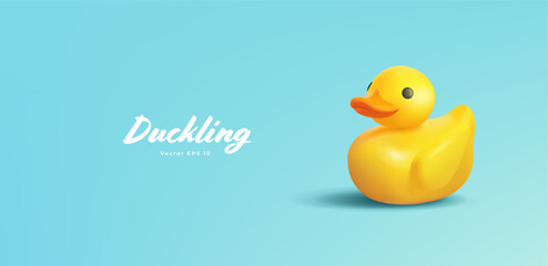 Plastic realistic duckling on a turquoise background. Toy, icon. Bird floating on the river, water. Vector illustration.