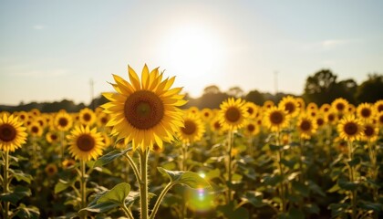 tall sunflowers under summer sun, bright clear sky, nature at peak bloom, seasonal photo