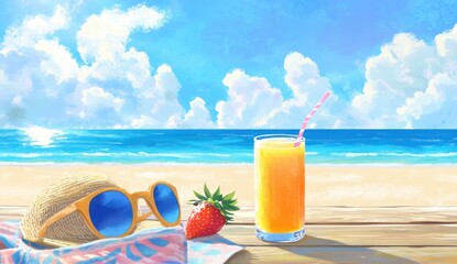 Beachside Summer: Vibrant Juice, Sunglasses, and Straw Hat