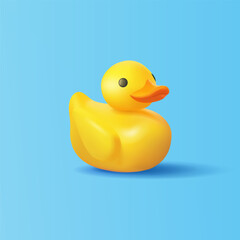 Beautiful duckling on the water, 3D. Yellow duck is swimming on the water. Bird swimming in the river, pool, or bathtub. Icon. Vector illustration.