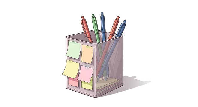 Stationery Holder with Pens and Sticky Notes Illustration