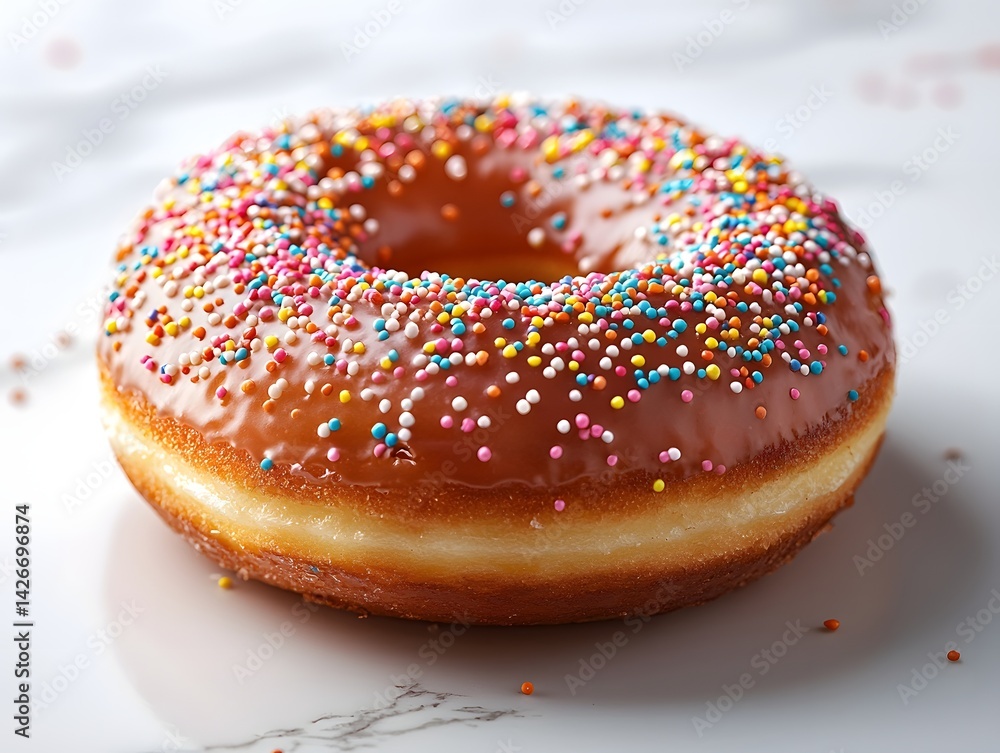 Poster glossy doughnut with colorful sprinkles on a white backdrop