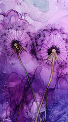 Ethereal Giant Dandelion Seed Heads in Purple Alcohol Ink Abstract

