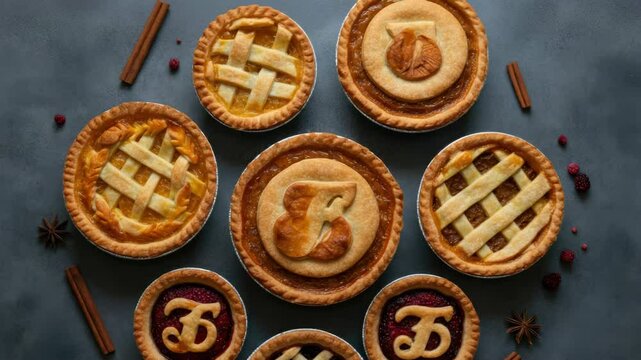 Variety of pies with intricate crust designs on dark background