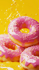 Ultra Realistic Pink Glazed Donuts on Vibrant Yellow Splatter Background with Artistic Texture

