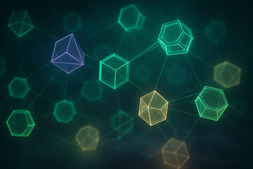 Abstract glowing geometric shapes connected by lines symbolize digital blockchain or network technology concept.